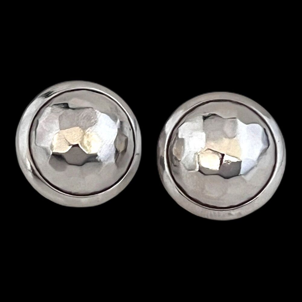 Vintage 1980s Hammered Button Earrings Silver Tone Pierced - 7Q
